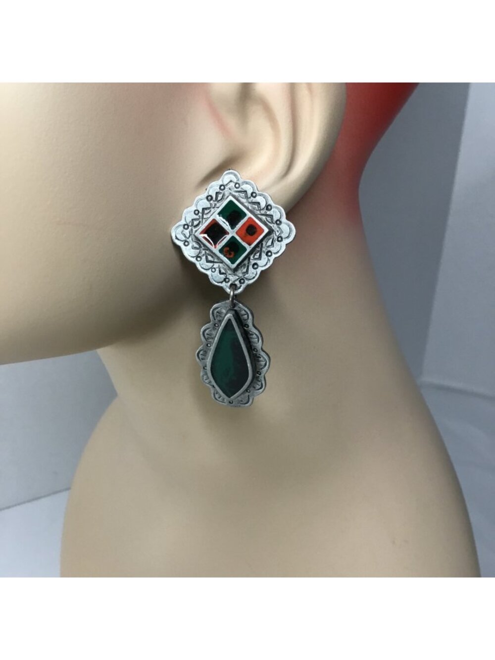 Vintage Square & Teardrop Dangling Earrings With Red & Green Enamel Accents
